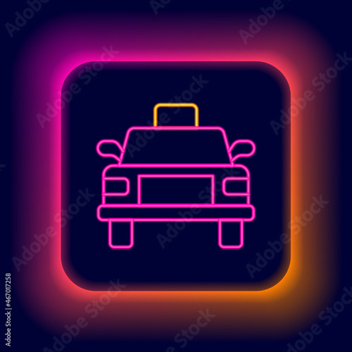 Glowing neon line Taxi car icon isolated on black background. Colorful outline concept. Vector