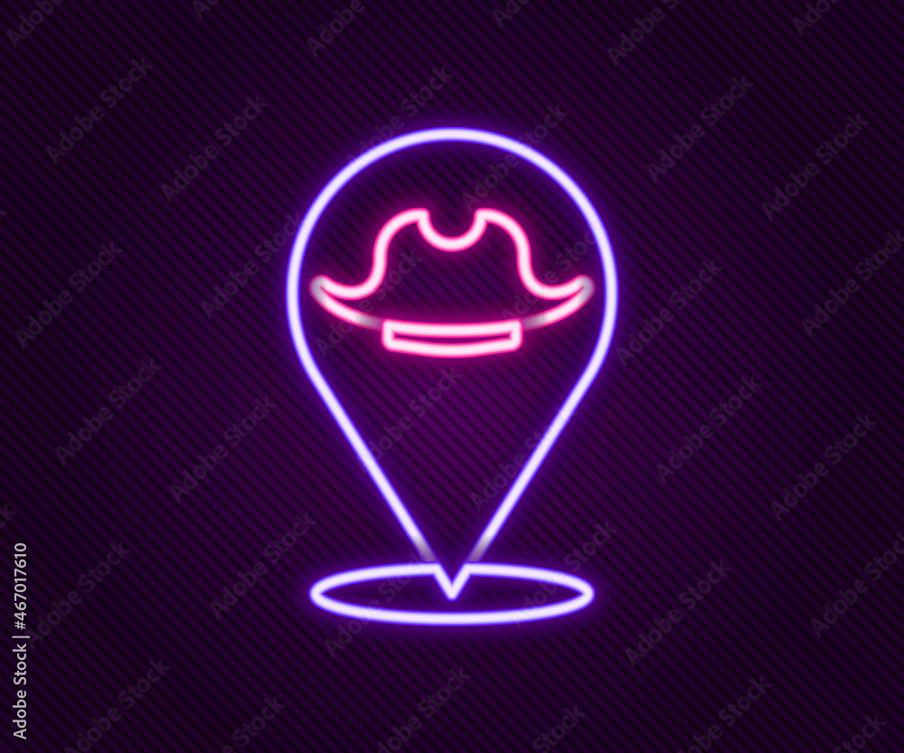 Glowing neon line Location pirate icon isolated on black background. Colorful outline concept. Vector Glowing neon line Location pirate icon isolated on black background. Colorful outline concept. Vector