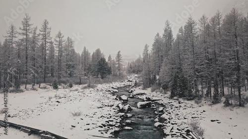 Storm, snowfall in the huge glacier of Mount Belukha, the valley of the Aktru River, the Altai Mountains. Cloudy weather, stone in the snow, storm, wildlife, winter forest, frozen mountain river in