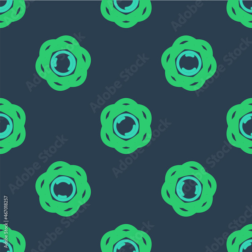 Line Atom icon isolated seamless pattern on blue background. Symbol of science, education, nuclear physics, scientific research. Vector