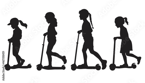 Vector set of silhouettes of a girl on a scooter. Black and white illustration
