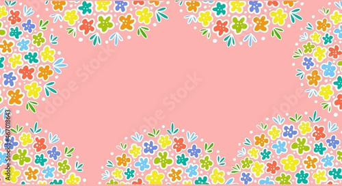 Horizontal banner. Simple multicolored flowers on a pink background. Vector.