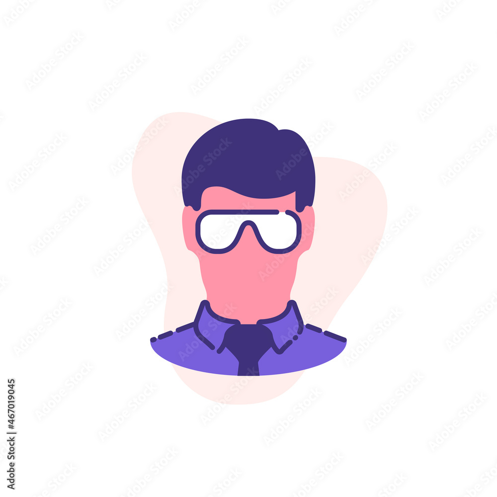head man in protective glasses single flat line icon isolated on white. Perfect outline symbol Coronavirus Covid19 disease prevention pandemic banner. Quality flat design element quarantine