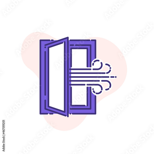 open window with a stream of fresh air, room ventilation single flat line icon isolated on white. Perfect outline symbol Coronavirus Covid 19 prevention banner. Quality flat design element