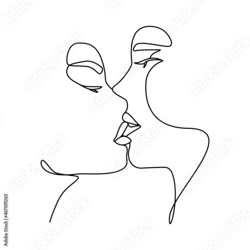 Linear kissing couple drawing. Abstract love symbol continuous one line design, minimal doodle tattoo, print. Vector illustration