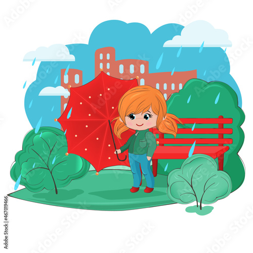 A little smiling girl in a jacket walks in the rain in the park. The girl holds an umbrella in her hand. Funny cartoon character
