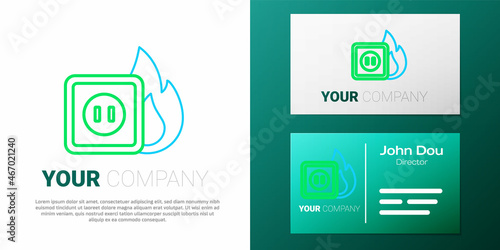 Line Electric wiring of socket in fire icon isolated on white background. Electrical safety concept. Plug outlet on fire. Colorful outline concept. Vector