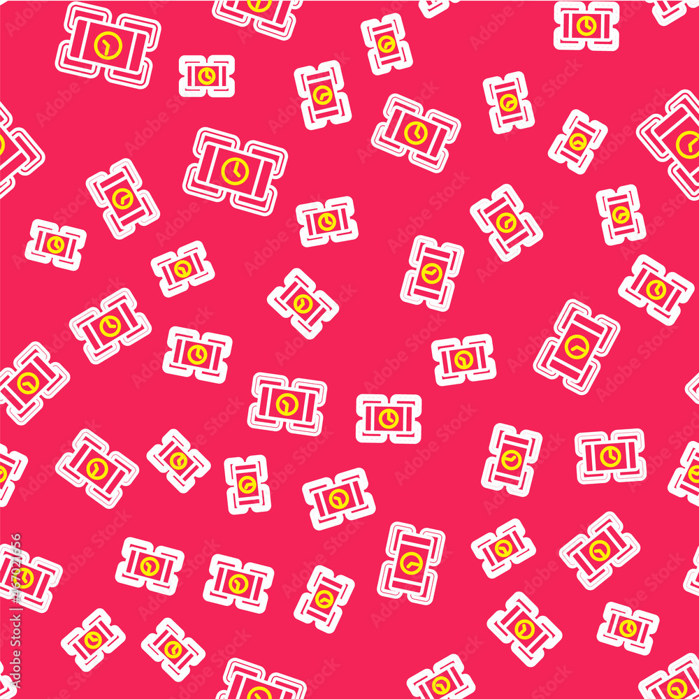 Line Detonate dynamite bomb stick and timer clock icon isolated seamless pattern on red background. Time bomb - explosion danger concept. Vector Line Detonate dynamite bomb stick and timer clock icon isolated seamless pattern on red background. Time bomb - explosion danger concept. Vector