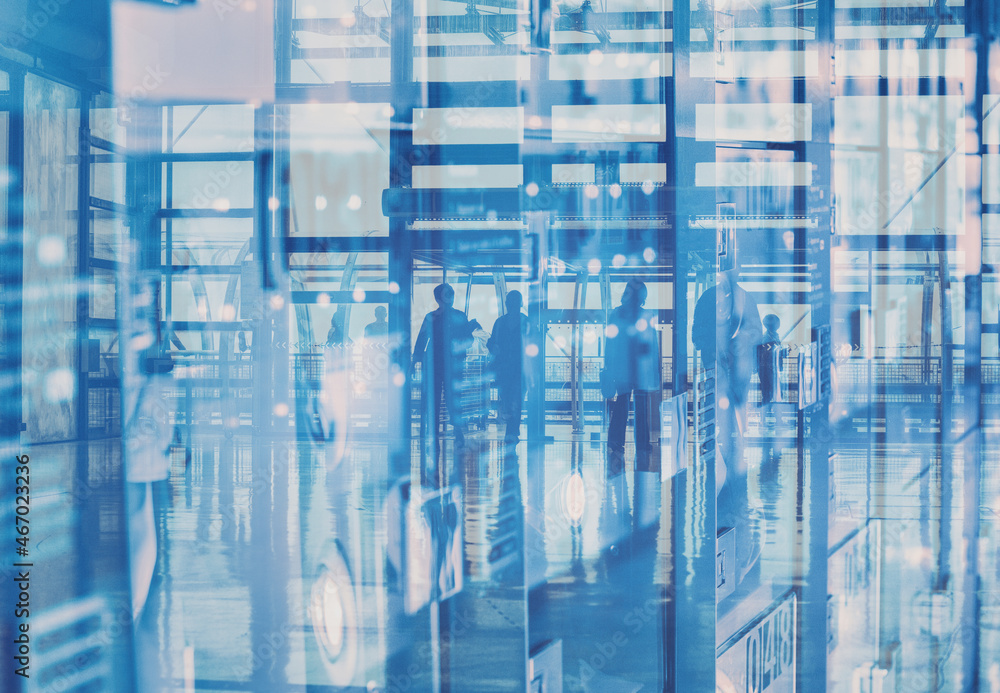 Fototapeta premium crowd of business people, blue tone double exposure background