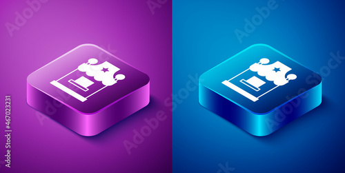 Isometric Ticket box office icon isolated on blue and purple background. Ticket booth for the sale of tickets for attractions and sports. Square button. Vector