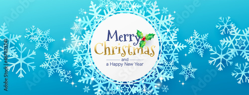 Christmas winter banner concept with snowflake design on light blue gradient background. Vector illustration