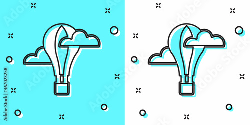 Black line Hot air balloon icon isolated on green and white background. Air transport for travel. Random dynamic shapes. Vector