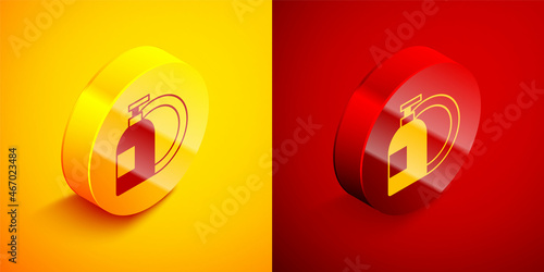 Isometric Dishwashing liquid bottle and plate icon isolated on orange and red background. Liquid detergent for washing dishes. Circle button. Vector