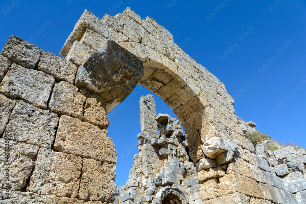 Ancient theater of Perge. Central entrance to the amphitheater. Amphitheater. Ancient city. Turkey. Antalya. Landmarks of Turkey