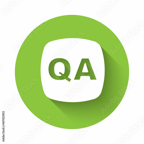 White Speech bubbles with Question and Answer icon isolated with long shadow background. Q and A symbol. FAQ sign. Chat speech bubble and chart. Green circle button. Vector