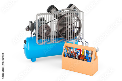 Air compressor with toolbox. Service and repair of air compressor, 3D rendering photo