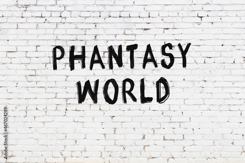 Fotografie White wall with black paint inscription phantasy world on it
