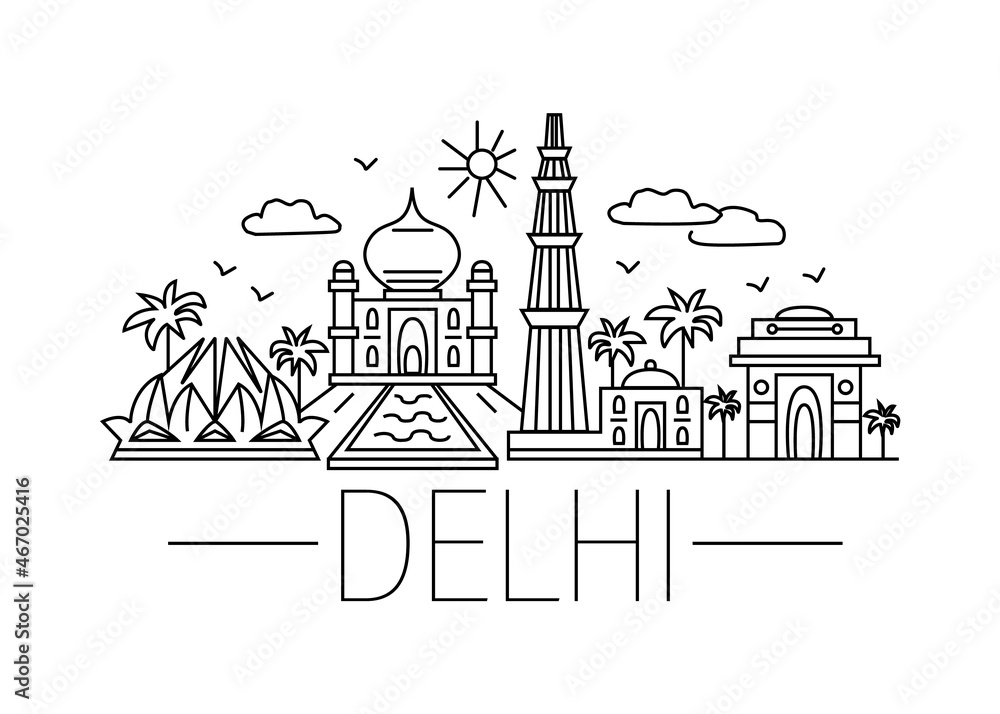 Naklejka premium Delhi cartoon doodle illustration. Delhi cartoon drawing. Modern style Delhi city illustration. Hand sketched poster, banner, postcard, card template for travel company, T-shirt, shirt. Vector EPS 10