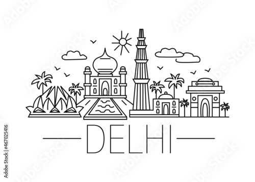 Delhi cartoon doodle illustration. Delhi cartoon drawing. Modern style Delhi city illustration. Hand sketched poster, banner, postcard, card template for travel company, T-shirt, shirt. Vector EPS 10