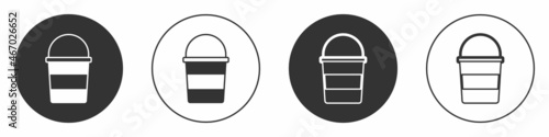 Black Fire bucket icon isolated on white background. Metal bucket empty or with water for fire fighting. Circle button. Vector