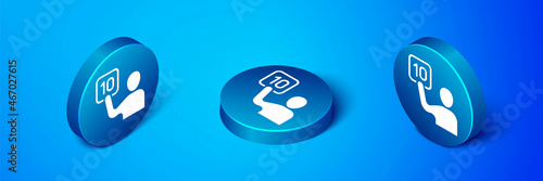 Isometric Assessment of judges icon isolated on blue background. Blue circle button. Vector