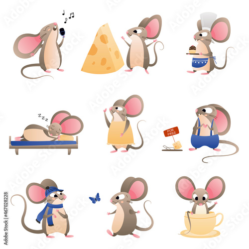 Vector set of brown mice in different poses and images. Illustration of a fairy-tale character in flat style.