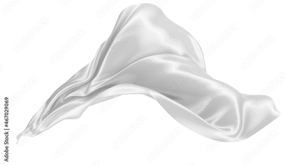 Fototapeta premium Beautiful flowing cloth flying in the wind. White wavy silk or satin. Abstract element for design. 3D rendering image. Image isolated on a white background.
