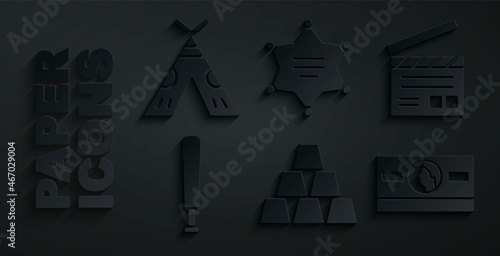 Set Gold bars, Movie clapper, Baseball bat, Stacks paper money cash, Hexagram sheriff and Indian teepee or wigwam icon. Vector