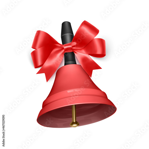 Red metal bell with red bow isolated on a white background, Christmas symbol, school bell, vintage bell. 3D effect
