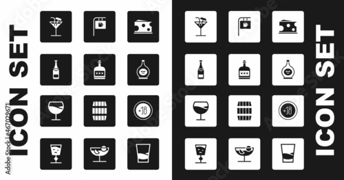 Set Cheese, Alcohol drink Rum bottle, Champagne, Cocktail, Bottle of cognac or brandy, Street signboard with Bar, 18 plus and Wine glass icon. Vector