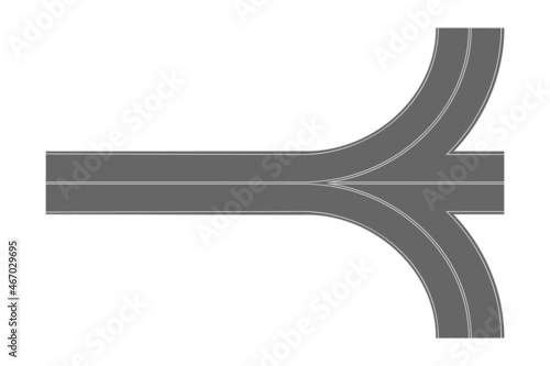 Asphalt road junction top view. Highway part with marking isolated on white background. Roadway element for city map. Vector flat illustration.
