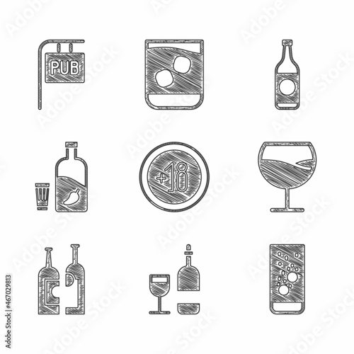 Set Alcohol 18 plus, Wine bottle with glass, Effervescent tablets water, Bottles of wine, Vodka pepper and, Beer and Street signboard Pub icon. Vector