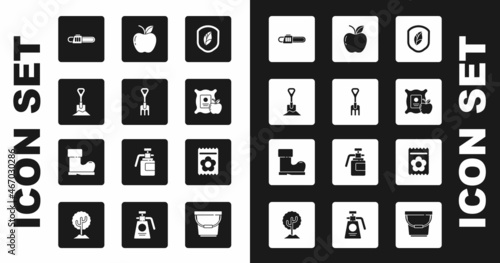 Set Shield with leaf, Garden rake, Shovel in the ground, Chainsaw, Apple sack, Pack full of seeds of plant and Waterproof rubber boot icon. Vector