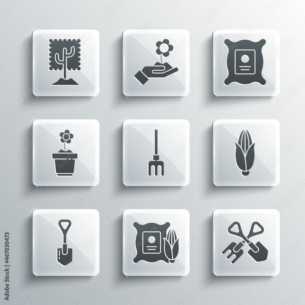 Set Corn in the sack, Shovel and rake, Garden, Flower pot, Tree and Pack full of seeds of plant icon. Vector Set Corn in the sack, Shovel and rake, Garden, Flower pot, Tree and Pack full of seeds of plant icon. Vector