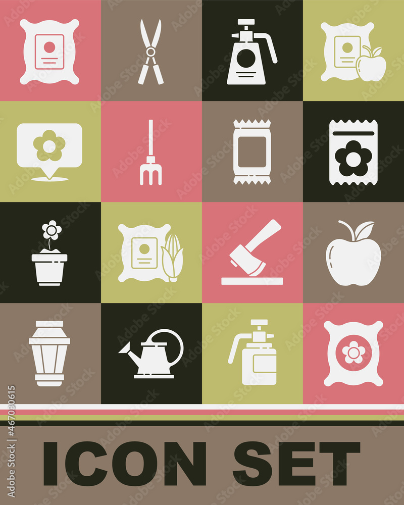 Set Pack full of seeds of plant, Apple, Garden sprayer for fertilizer, rake, Location with flower, and Fertilizer bag icon. Vector Set Pack full of seeds of plant, Apple, Garden sprayer for fertilizer, rake, Location with flower, and Fertilizer bag icon. Vector