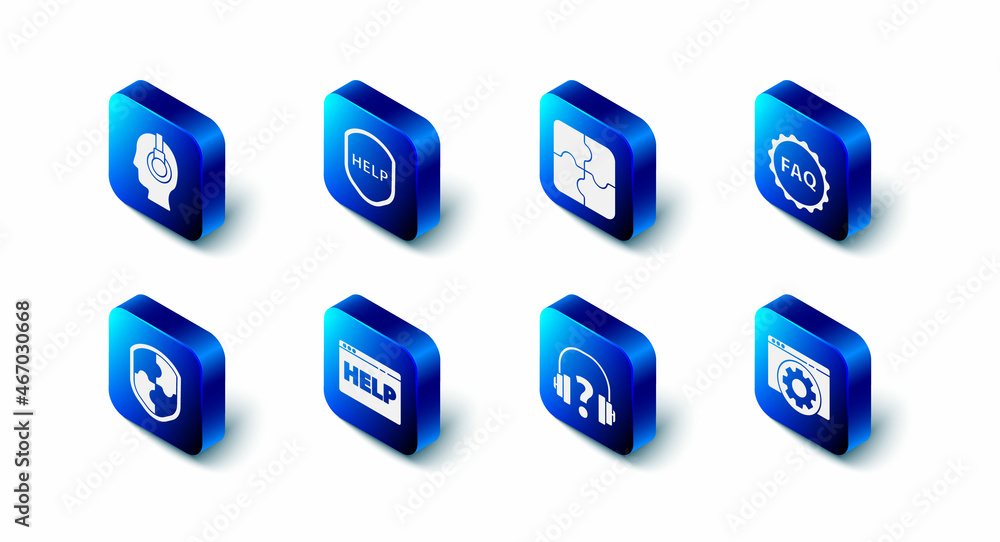 Set Shield with text Help, Piece of puzzle, Label FAQ, Browser setting, Headphones, help, and Support operator touch icon. Vector Set Shield with text Help, Piece of puzzle, Label FAQ, Browser setting, Headphones, help, and Support operator touch icon. Vector