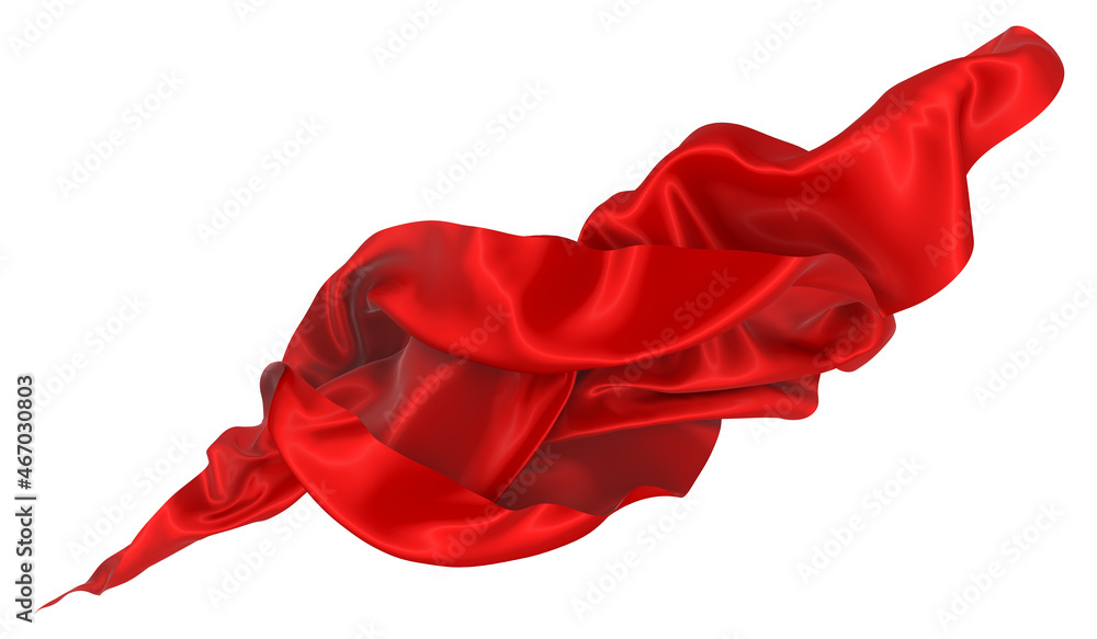 Fototapeta premium Beautiful flowing fabric flying in the wind. Red wavy silk or satin. Abstract element for design. 3D rendering image. Image isolated on a white background.