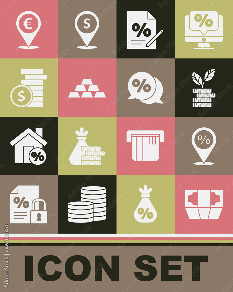 Set Stacks paper money cash, Location with percent discount, Dollar plant, Finance document, Gold bars, Coin dollar, Cash location and Discount tag icon. Vector Set Stacks paper money cash, Location with percent discount, Dollar plant, Finance document, Gold bars, Coin dollar, Cash location and Discount tag icon. Vector