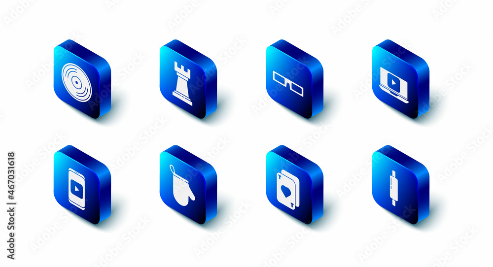 Set Business strategy, Cinema glasses, Online play video, Rolling pin, Playing cards, Oven glove, and Vinyl disk icon. Vector Set Business strategy, Cinema glasses, Online play video, Rolling pin, Playing cards, Oven glove, and Vinyl disk icon. Vector