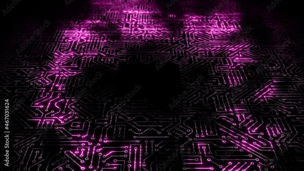 Obraz premium 3D rendering of an electrical pulse passing through the circuits of a microcircuit