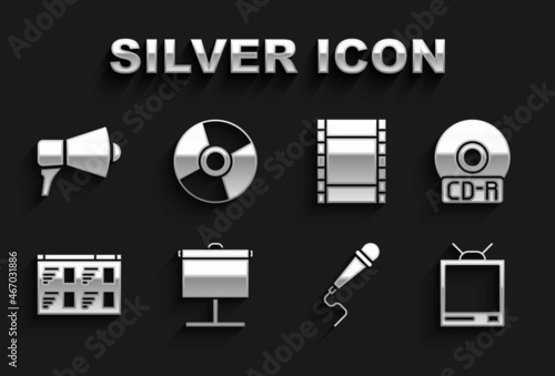 Set Projection screen, CD or DVD disk, Retro tv, Microphone, Online play video, Play Video, Megaphone and icon. Vector