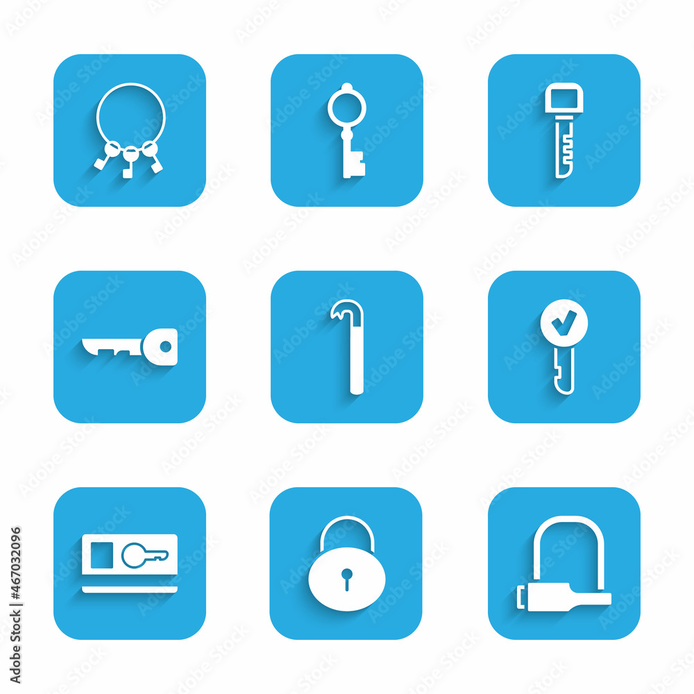 Set Crowbar, Lock, Bicycle lock, Key, card, and Bunch of keys icon. Vector Set Crowbar, Lock, Bicycle lock, Key, card, and Bunch of keys icon. Vector