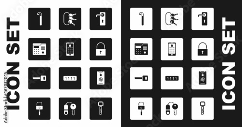 Set Door handle, Mobile graphic password, House intercom system, Crowbar, Lock, Bunch of keys, with fingerprint scan and Key icon. Vector