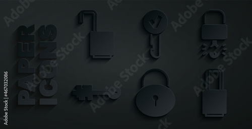 Set Lock, Key broke inside of padlock, Old key, and Open icon. Vector