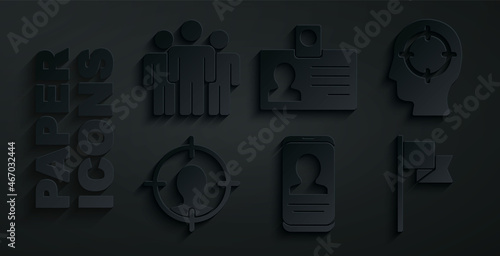 Set Mobile with resume, Head hunting, Location marker, Identification badge and Users group icon. Vector