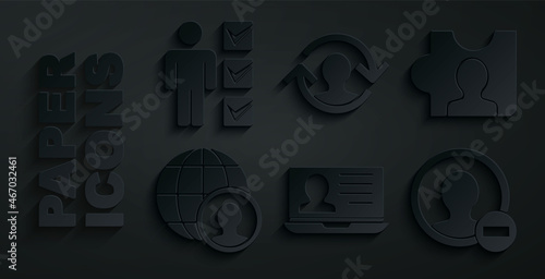 Set Laptop with resume, Head hunting, Globe and people, Create account screen, Human resources and User of business suit icon. Vector