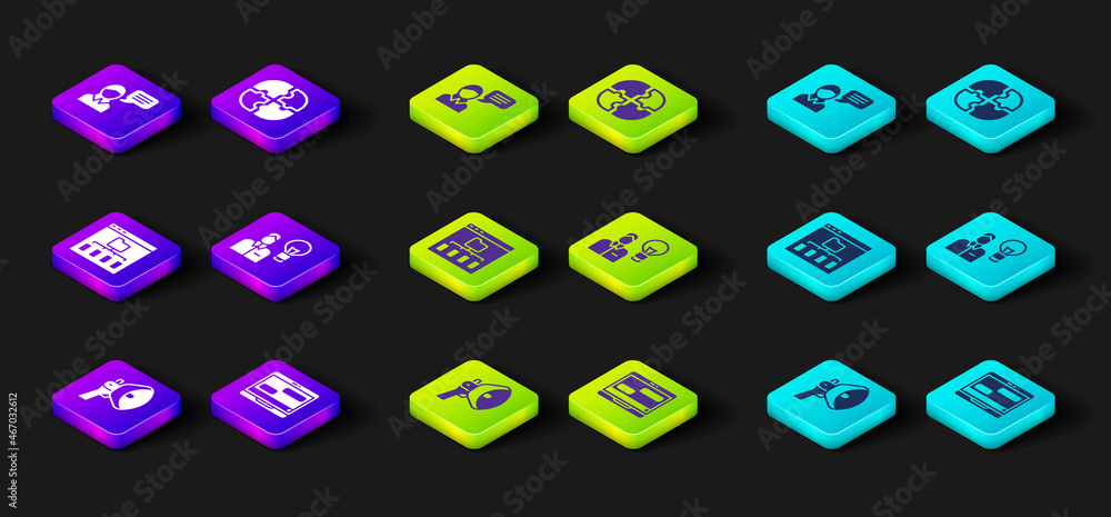 Set Megaphone, Chat messages laptop, Browser files, Human with lamp bulb, Piece of puzzle and Speech bubble chat icon. Vector Set Megaphone, Chat messages laptop, Browser files, Human with lamp bulb, Piece of puzzle and Speech bubble chat icon. Vector