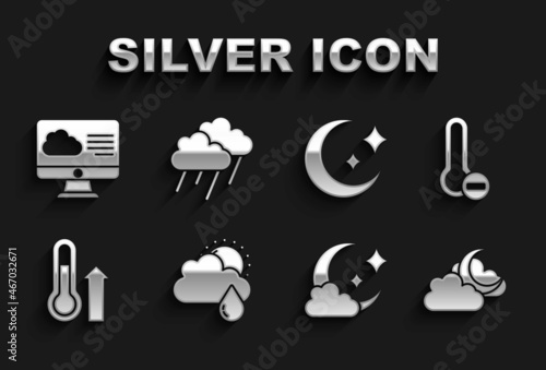 Set Cloud with rain and sun, Meteorology thermometer, moon, Moon stars, Weather forecast and icon. Vector