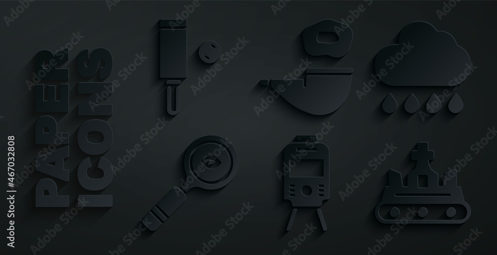 Set Tram and railway, Cloud with rain, Magnifying glass, British crown, Smoking pipe and Wood cricket bat ball icon. Vector Set Tram and railway, Cloud with rain, Magnifying glass, British crown, Smoking pipe and Wood cricket bat ball icon. Vector