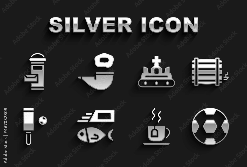 Set Fish and chips, Wooden barrel, Football ball, Cup of tea with tea bag, cricket bat, British crown, London mail box and Smoking pipe icon. Vector Set Fish and chips, Wooden barrel, Football ball, Cup of tea with tea bag, cricket bat, British crown, London mail box and Smoking pipe icon. Vector